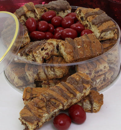 Holiday Chocolate Drizzled Soft Cherry Biscotti Lucite Tin #7428  "Picture Shown Largest Size"
