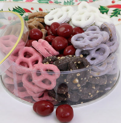 Holiday Chocolate Covered Bing Cherries & Chocolate Pretzels Lucite Tin #7421  "Picture Shown Largest Size"