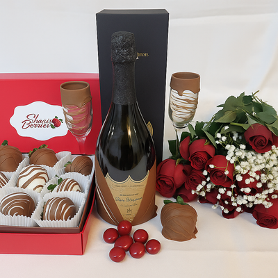 Champagne Chocolate Dipped Bottle & Champagne flutes with Roses & Dipped Strawberries #2340