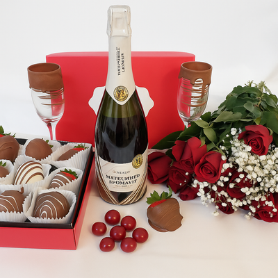 Champagne Chocolate Dipped Bottle & Champagne flutes with Roses & Dipped Strawberries #2340