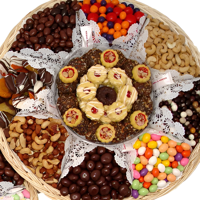 Cookies & bakery, Nut & Chocolate Wicker Tray (#1114)"Largest Gift Picture Shown"